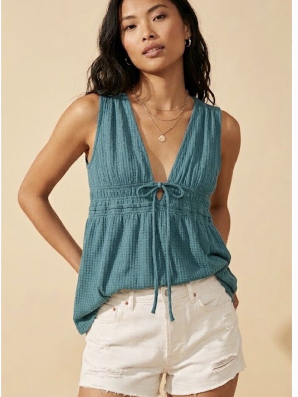 Free People Beach Bound Plunge Neck Tank Top Ocean Blue L